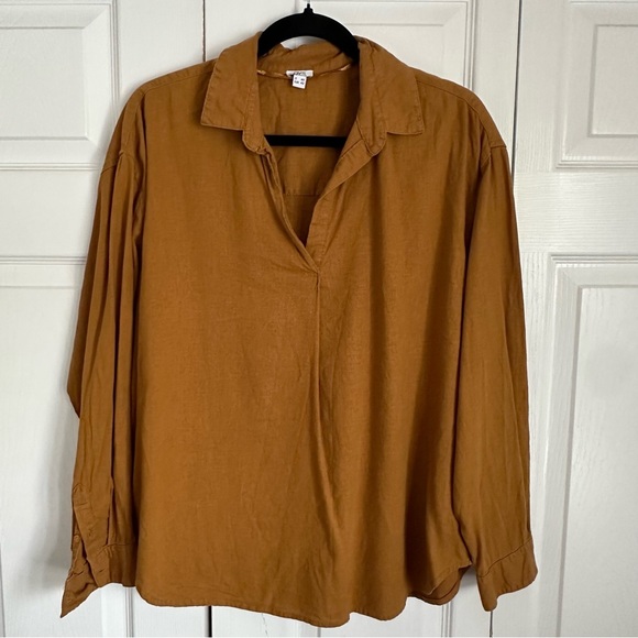 OVS Flax Viscose Caramel Brown Womens Top Size 12-14 Lagenlook Breathable Comfy - Picture 1 of 10